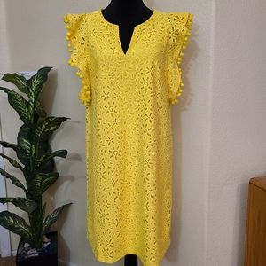 Yellow Lace Dress with Pom-Pom Sleeves